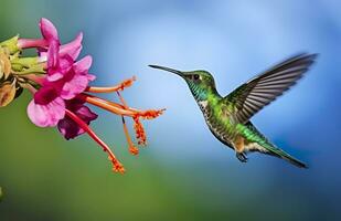 colibrí pájaro volador siguiente a un hermosa rojo flor con lluvia. ai generado foto