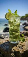 Stunning photo of cocktail mojito, a sunny summer beach in the background. Generative AI
