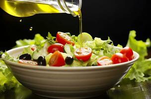 salud beneficios de sano ensalada, en el estilo de preciso detallando, suave y brillante. ai generado foto