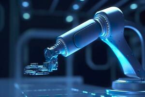 Arm robot working with Screen monitor control industrial machine robot arm line. Generative AI photo