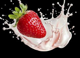 Leche o yogur chapoteo con fresas aislado en blanco fondo, 3d representación. ai generado foto