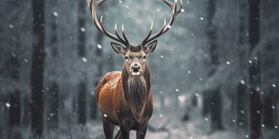 Noble deer male in the winter snow forest. Artistic winter Christmas landscape. AI Generated photo