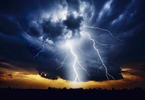 Lightning strikes on a cloudy dramatic stormy sky. AI Generated photo
