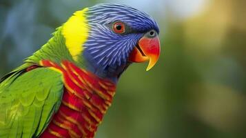 lado ver de cerca de hermosa y vistoso lorikeet verde nuca pájaro. generativo ai foto