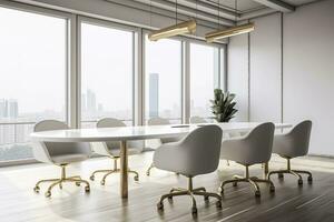 perspectiva ver en elegante blanco reunión mesa con dorado piernas y sillas de ruedas alrededor en el de madera piso y blanco pared antecedentes. generativo ai foto