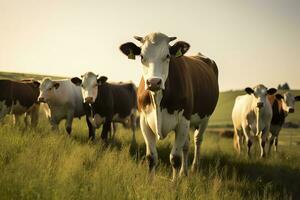 grupo de vacas en pie en un herboso campo. ai generado foto