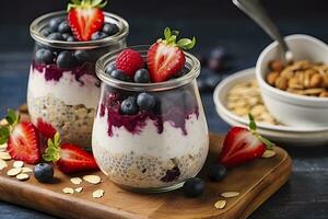 Mixed berries overnight oats with almond flakes in a glass jar, healthy breakfast.  AI Generated photo