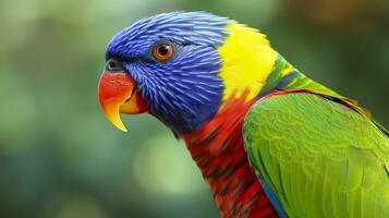 Side view Closeup of beautiful and colorful Lorikeet Green naped bird. Generative AI photo