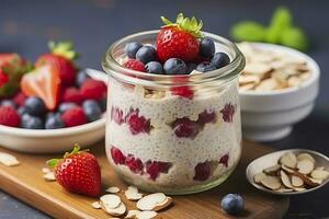 Mixed berries overnight oats with almond flakes in a glass jar, healthy breakfast.  AI Generated photo