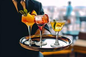 lentes alcohol cóctel conjunto en un camarero bandeja en bar. ai generado foto