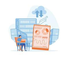 Data center technology concept, Man engineer maintains server room and controls performance of hardware on dashboard, flat vector modern illustration