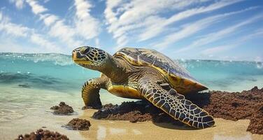 Photo of Sea turtle in the Galapagos island. Generative AI