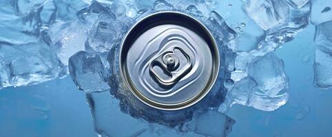 Top of drink tin can iced submerged in frost ice, metal aluminum beverage. Generative AI photo