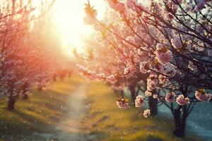 Spring blossom background. Nature scene with blooming tree and sun flare. Generative AI photo