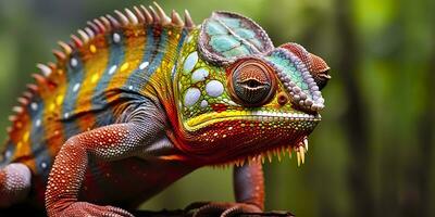 A colorful close up chameleon with a high crest on its head. Generative AI photo