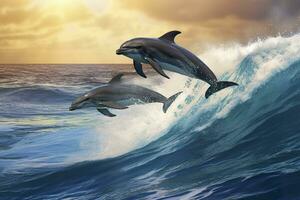 juguetón delfines saltando terminado rotura ondas. Hawai Pacífico Oceano fauna silvestre escenario. generativo ai foto