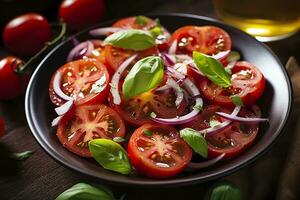 sano tomate ensalada con cebolla albahaca aceituna petróleo y balsámico vinagre. ai generado foto