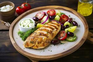 chamuscado pollo pecho y griego ensalada en un de madera mesa. generativo ai foto