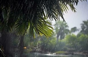 lluvia en el zona tropical durante el bajo temporada o monzón estación. gotas de lluvia en un jardín. generativo ai foto
