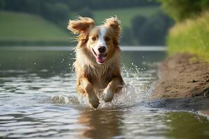 The dog runs on the water. Generative AI photo