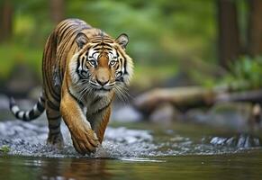 Amur tiger walking in the water. Dangerous animal.  Animal in a green forest stream. Generative AI photo