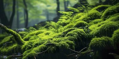 verde musgo de cerca, con un fondo de bosque. bosque en el nacional parque. ai generado foto