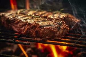 carne interrogatorio intenso en un carbón parrilla con fumar creciente. ai generado foto