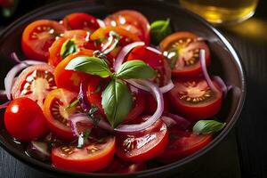 sano tomate ensalada con cebolla albahaca aceituna petróleo y balsámico vinagre. ai generado foto