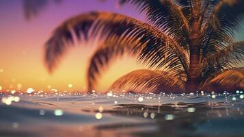 Beach with waves and coconut trees at sunset. Generative AI photo