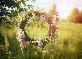 Rustic wildflowers wreath on a sunny meadow. Summer Solstice Day, Midsummer concept. Generative AI photo