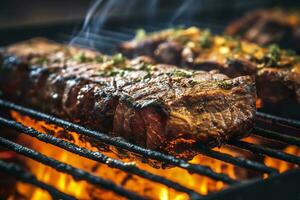 Meat grilling on a charcoal grill with smoke rising. AI Generated photo
