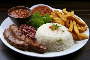 arroz, frijoles, francés papas fritas, y carne. generativo ai foto