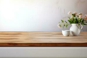 Wooden shelf with a potted plant against a white concrete wall. Interior. Generated by artificial intelligence photo