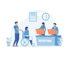 Reception in hospital with patients. Waiting room with disabled man. flat vector modern illustration