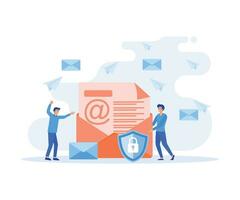 Secure, encrypted messages, emails. Two people stand near big envelope, letter with shield,  flat vector modern illustration