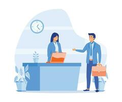 Hotel receptionist, customer standing at reception desk and talking to female receptionist. flat vector modern illustration