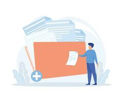 Storage and indexing of information. Businessman adds file to big folder, flat vector modern illustration