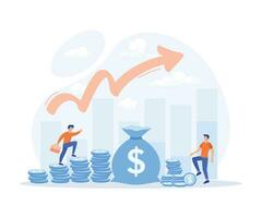 Business growth Concept, Business people stepping up on  coins against a growing upward graph, flat vector modern illustration