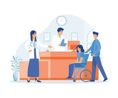 Reception in hospital with patients. Waiting room with disabled man. flat vector modern illustration