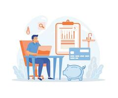 Man checking and paying utility bills online on his computer,  checking the statement and saving money,  flat vector modern illustration