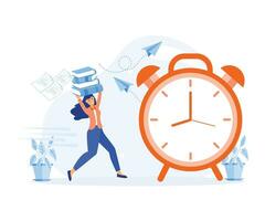 un objetivo evaluación posibilidades fecha límite. cerca arriba alarma reloj. joven mujer correr con enorme de documento. plano vector moderno ilustración