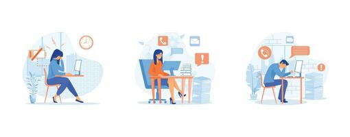 Stress in the office, Tired young business people  working on their laptop among piles of papers and documents. set flat vector modern illustration