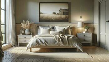 A serene modern bedroom showcasing farmhouse interior design. A bed with soft beige pillows takes center stage, accompanied by a rustic bedside cabinet. AI Generative. photo