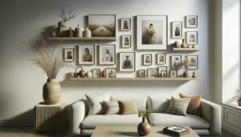 Wide shot of an interior design showcase featuring a white wall in a contemporary living room. AI Generative. photo