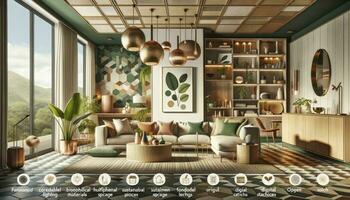 An illustration reflecting various trends in modern living room design, such as biophilic design, mid-century modern pieces, and open shelving. AI Generated photo