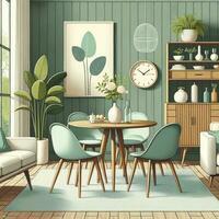 A mid-century modern living room with Scandinavian design influences. A set of mint-colored chairs encircle a round wooden dining table, providing a fresh contrast to the space. AI Generative. photo