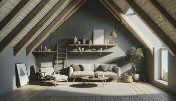 A Scandinavian-inspired living room located in an attic. The main seating area consists of a sofa and a lounge chair, both placed against a simple grey wall. AI Generative. photo