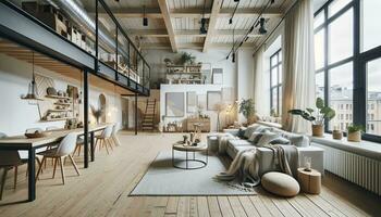 A chic modern loft apartment embracing Scandinavian design principles. The space is open, airy, and decorated with a mix of modern and rustic elements. AI Generative. photo