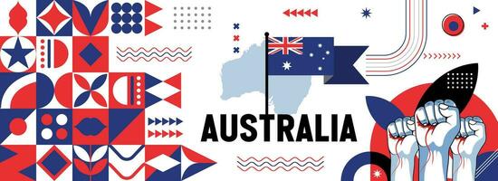 Australia national or independence day banner design for country celebration. Flag and map of Australia with raised fists. Modern retro design with abstract geometric icons. Vector illustration.