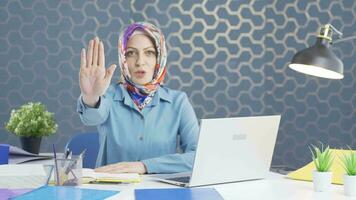 Business woman saying stop to camera. video